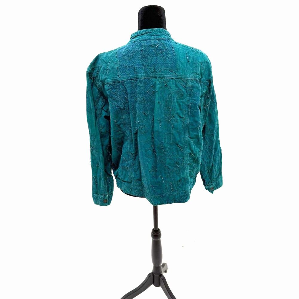 teal canvas embroidered and beaded mandarin mock collar jacket - Picture 5 of 7